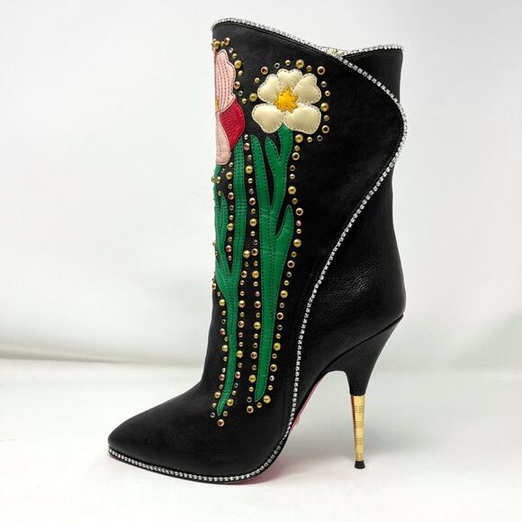 Gucci Intarsia Floral Rhinestone Black Leather Stiletto Boots Size 38.5 Italy - Picture 1 of 10